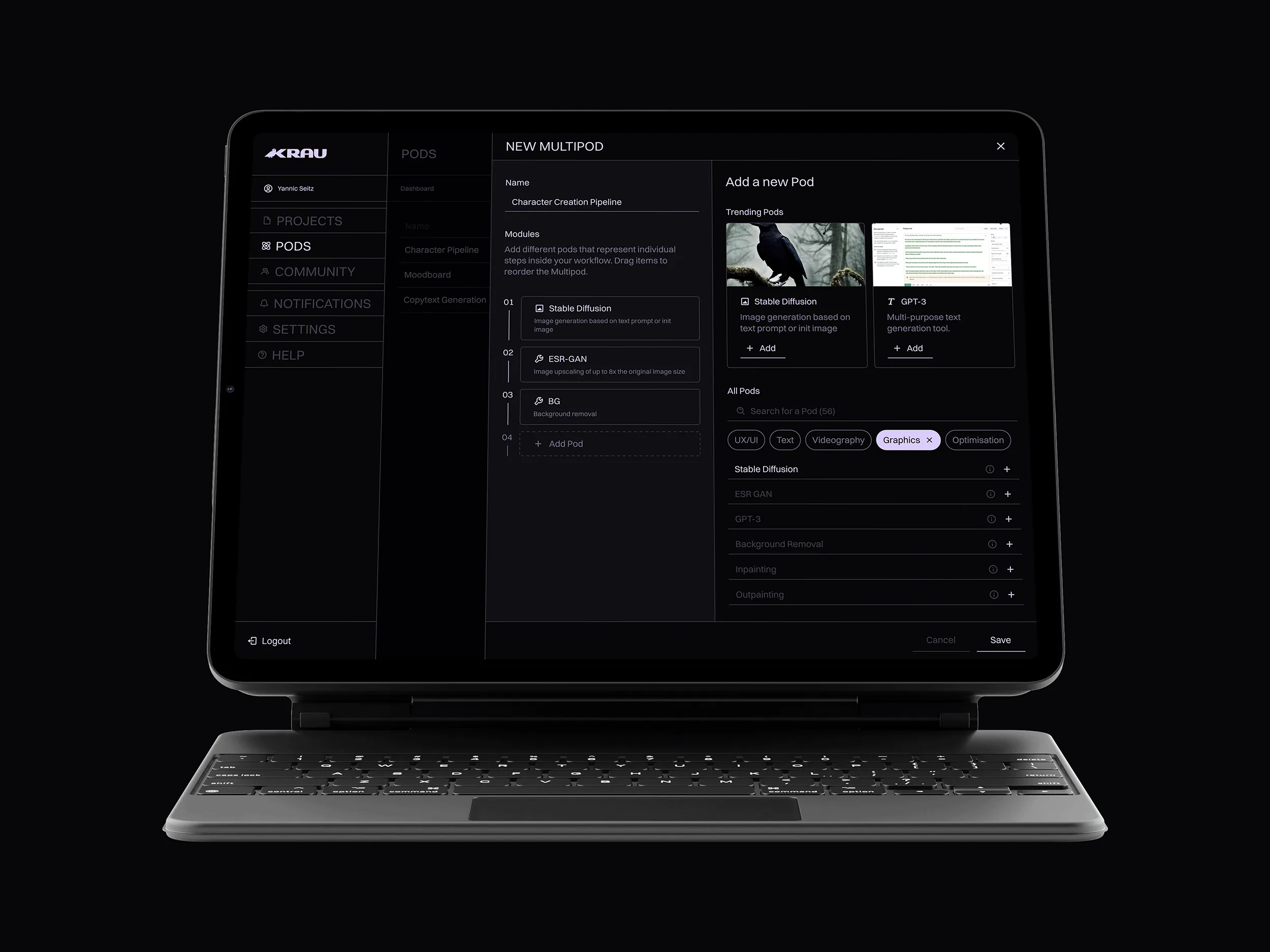 Tablet Mockup of the workflow editor of KRAU